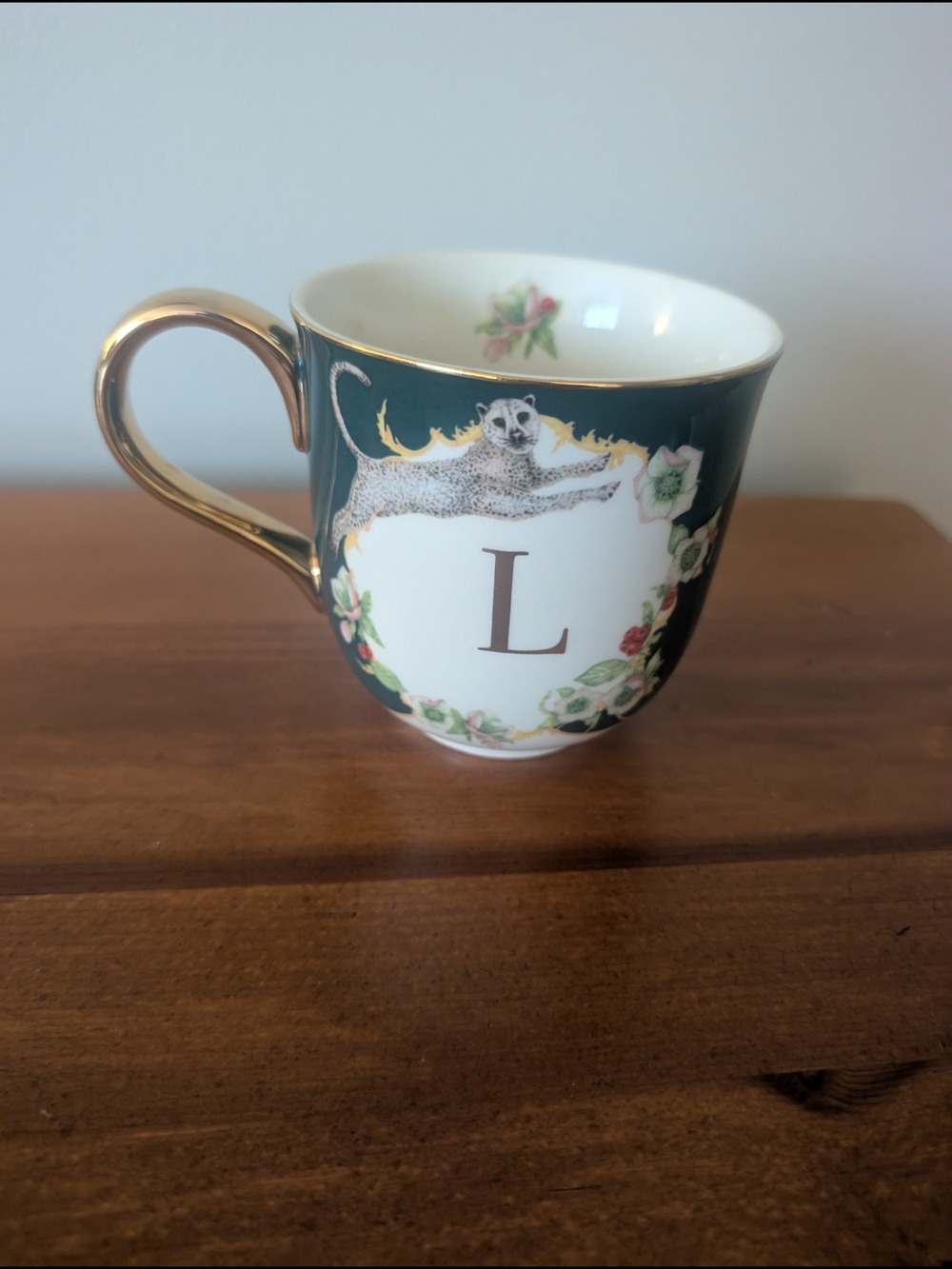 Anthropologie Emerald Green and Gold Monogram Teacup